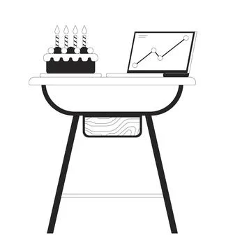Laptop chart with party cake on table black and white 2D line object Stock Illustration