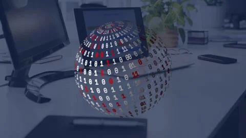 Laptop chart updating, binary sphere forming, rotating and compressing while Stock Footage 335282644