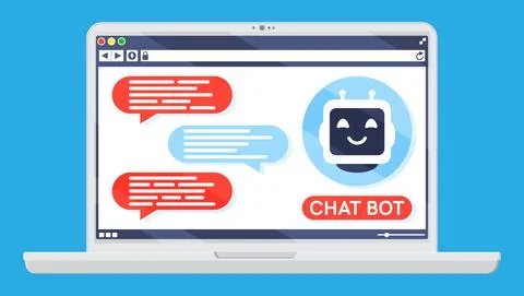 Laptop with Chat Bot Speak in Bubble on Screen. Stock Illustration