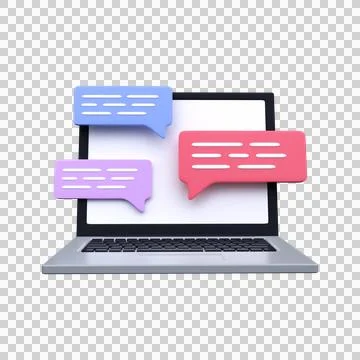 Laptop with chat bubble notifications. Internet messaging 3d render Illustrazione stock