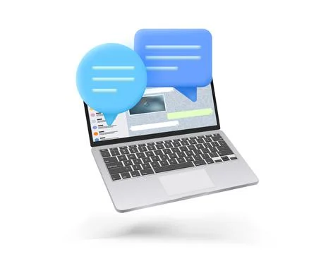 Laptop with chat clouds. 3d vector banner Stock Illustration