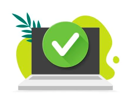 Laptop with check mark on backdrop scribble and leaves. Vector flat illustrat 스톡 일러스트