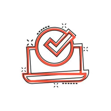 Laptop check mark icon in comic style. Computer approval cartoon  vector illu Stock Illustration