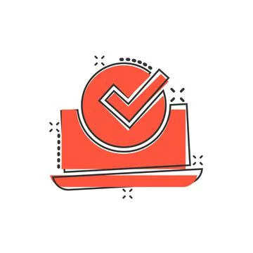Laptop check mark icon in comic style. Computer approval cartoon  vector illu Stock Illustration