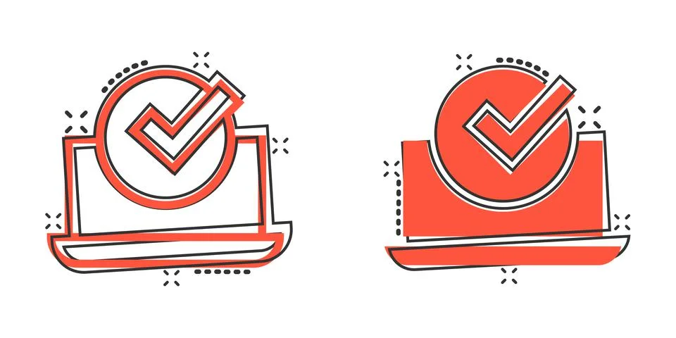 Laptop check mark icon in comic style. Computer approval cartoon  vector illu 스톡 일러스트