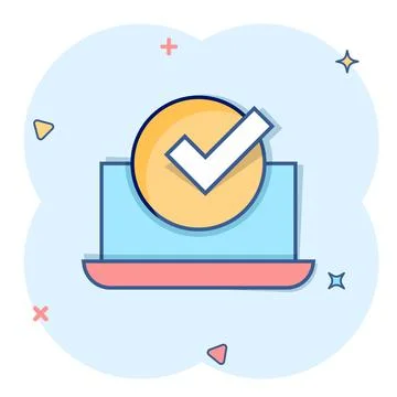 Laptop check mark icon in comic style. Computer approval cartoon  vector illu 스톡 일러스트