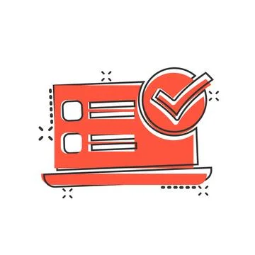 Laptop check mark icon in comic style. Computer approval cartoon  vector il.. Stock Illustration