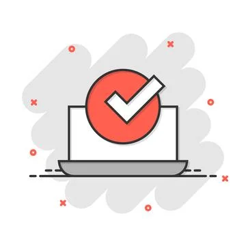 Laptop check mark icon in comic style. Computer approval cartoon  vector il.. Stock Illustration