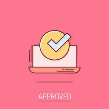 Laptop check mark icon in comic style. Computer approval cartoon  vector il.. Stock Illustration
