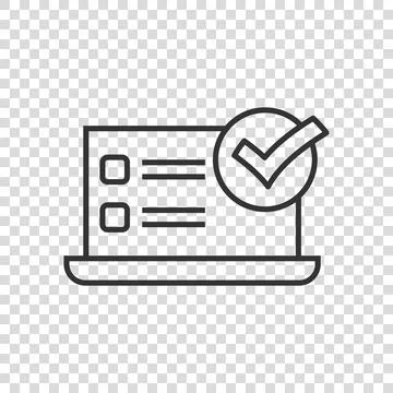 Laptop check mark icon in flat style. Computer approval vector illustration o Illustrazione stock