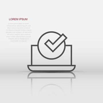 Laptop check mark icon in flat style. Computer approval vector illustration.. Illustrazione stock