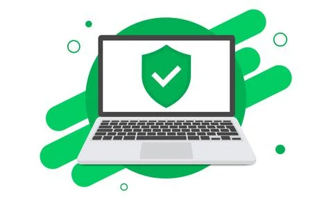 Laptop with check mark window in a flat design. Mockup of shield with check mark Stock Illustration