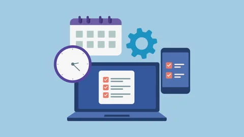 Laptop with checklist, clock, calendar and smartphone 2d with Alpha Matte Stock Footage 335607997