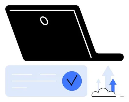 Laptop with Checkmark and Ascending Graph Arrows Indicating Data Upload or .. イラスト素材