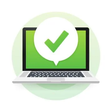 Laptop with checkmark or tick notification in bubble. Approved choice. Accept or Stock Illustration