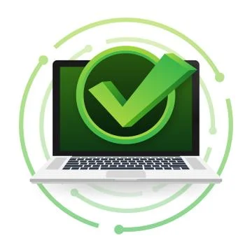 Laptop with checkmark or tick notification in bubble. Approved choice. Accept Stock Illustration