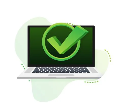 Laptop with checkmark or tick notification in bubble pattern. Approved choice Stock Illustration