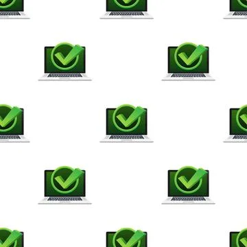 Laptop with checkmark or tick notification in bubble pattern. Approved choice 스톡 일러스트