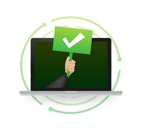 Laptop with checkmark or tick notification on placard. Approved choice. Accept 스톡 일러스트