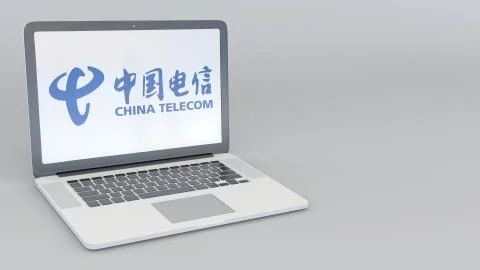 Laptop with China Telecom logo. Computer technology conceptual editorial 3D Illustrazione stock
