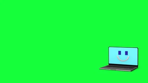 Laptop chroma key tech visual with smiling screen icon, bright green replaceable Stock Footage 340556932