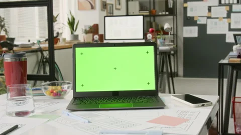 Laptop with Chromakey Screen on Desk at Software Development Company Stock Footage 327903651