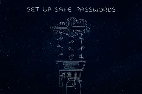 Laptop with circuit cloud and keys, safe passwords and cloud storage Stockillustratie