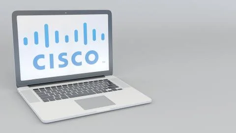 Laptop with Cisco Systems logo. Computer technology conceptual editorial 3D Stock-Illustration