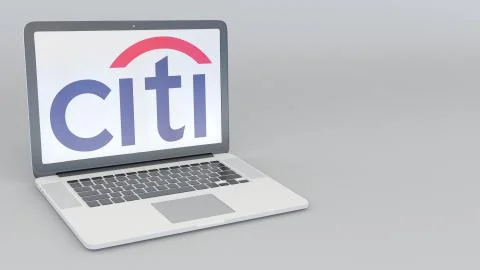 Laptop with Citigroup logo. Computer technology conceptual editorial 3D Illustrazione stock