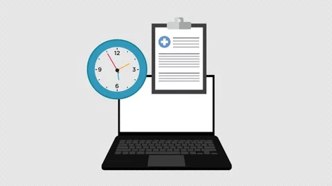Laptop with Clipboard and Clock Representing Online Task Management and Stock Footage 339781385