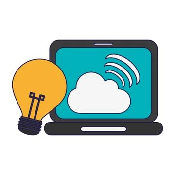 Laptop with cloud computing and bulb light idea Illustrazione stock