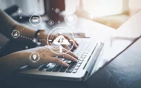 Laptop with cloud computing and icon online storage concept, Cloud Computing  Stock Photos