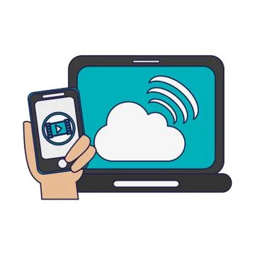 Laptop with cloud computing and smartphone with movie Stock Illustration