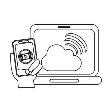 Laptop with cloud computing and smartphone with movie in black and white 스톡 일러스트