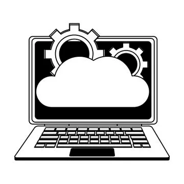 Laptop with cloud computing in black and white Illustrazione stock
