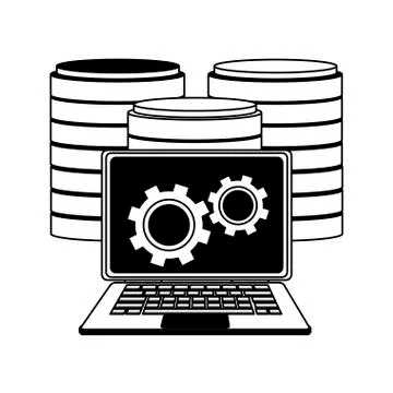 Laptop with cloud computing in black and white Stock Illustration