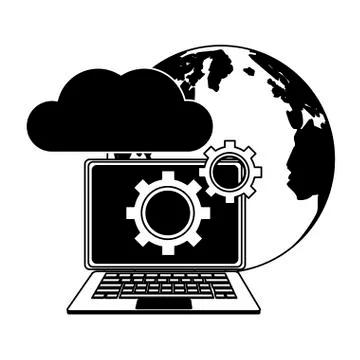 Laptop with cloud computing in black and white Illustrazione stock