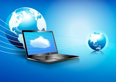 Laptop Cloud Computing Global Digital Communication World Background Illustrazione stock