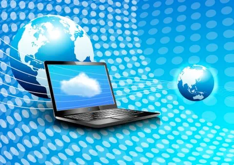 Laptop Cloud Computing Global Digital Communication World Background Stock Illustration