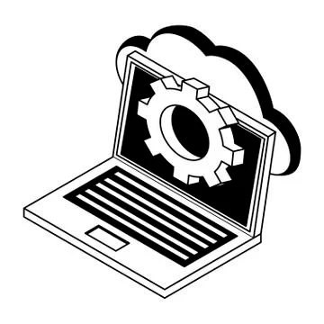 Laptop with cloud computing isometric in black and white Stock Illustration