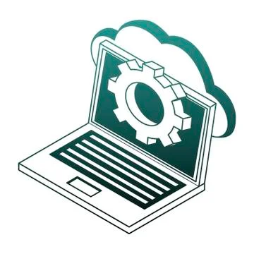 Laptop with cloud computing isometric blue lines Stock Illustration