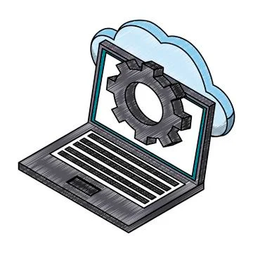 Laptop with cloud computing isometric scribble Stock Illustration