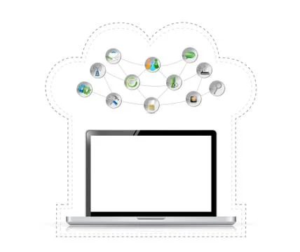 Laptop cloud computing tools illustration tools over white Stock Illustration