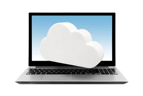 Laptop with cloud isolated on white. Cloud computing network concept. Foto stock
