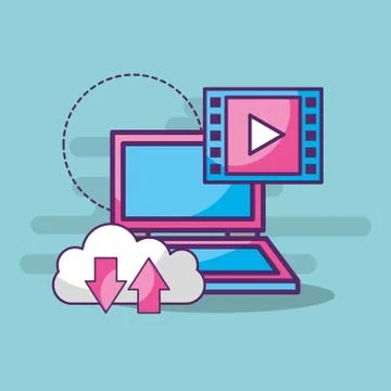 Laptop cloud storage video player button Stock Illustration
