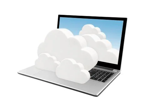 Laptop with clouds isolated on white. Cloud computing network concept. Stock Photos