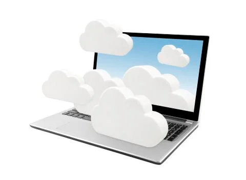 Laptop with clouds isolated on white. Cloud computing network concept. Foto stock
