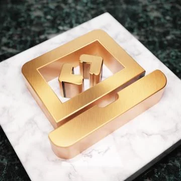 Laptop Code icon. Bronze Laptop Code symbol on white marble podium. Stock-Illustration