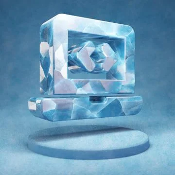 Laptop Code icon. Cracked blue Ice Laptop Code symbol on blue snow podium. Stock-Illustration