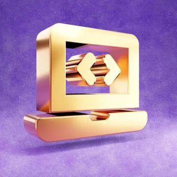 Laptop code icon. Gold glossy Laptop code symbol isolated on violet velvet ba Stock-Illustration